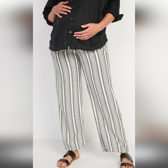 Maternity Rollover-Waist Black & Ivory Linen-Blend Wide Leg Pants Sz XL. - Picture 3 of 11